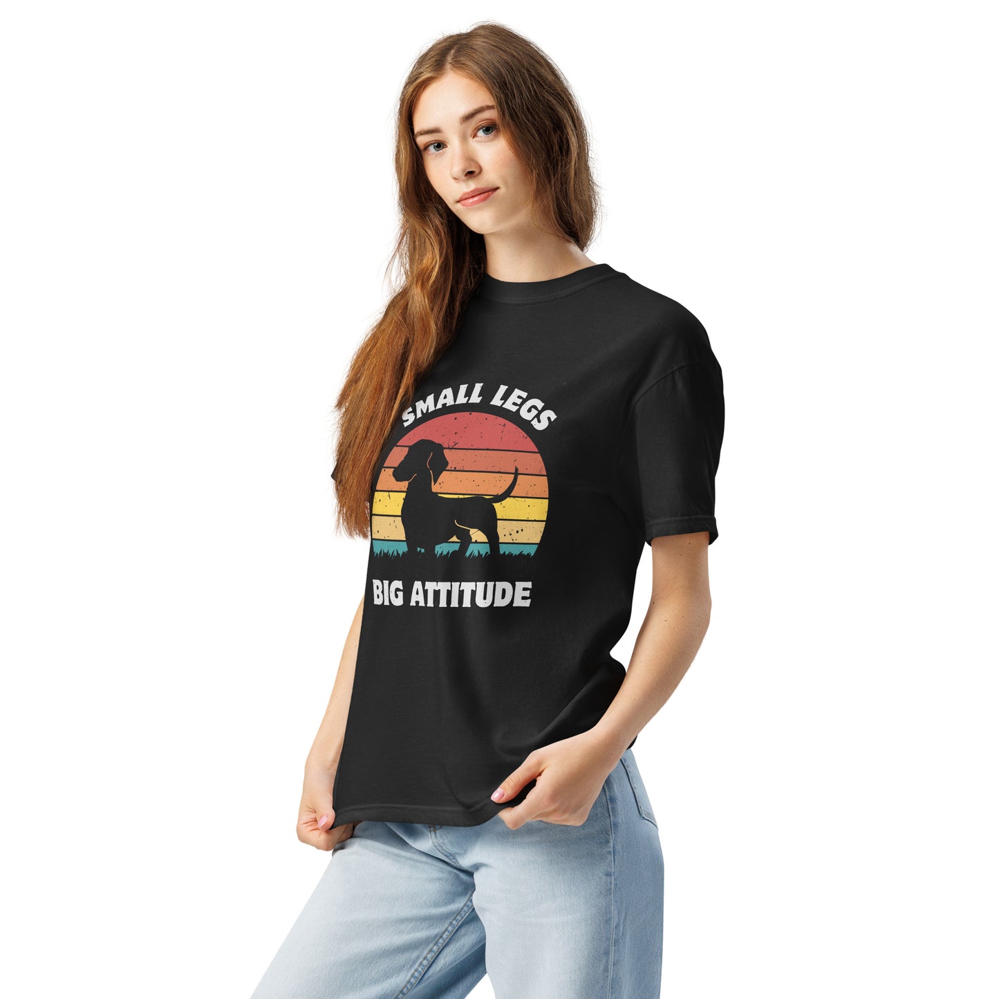 Pet Treasures Studio black T shirt with retro sunset dachshund graphic reading small legs big attitude dachshund shirt