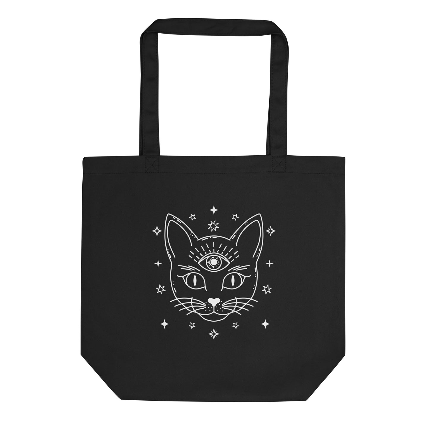 Black reusable eco-friendly cat shopper bag with mystical cat face and third eye design