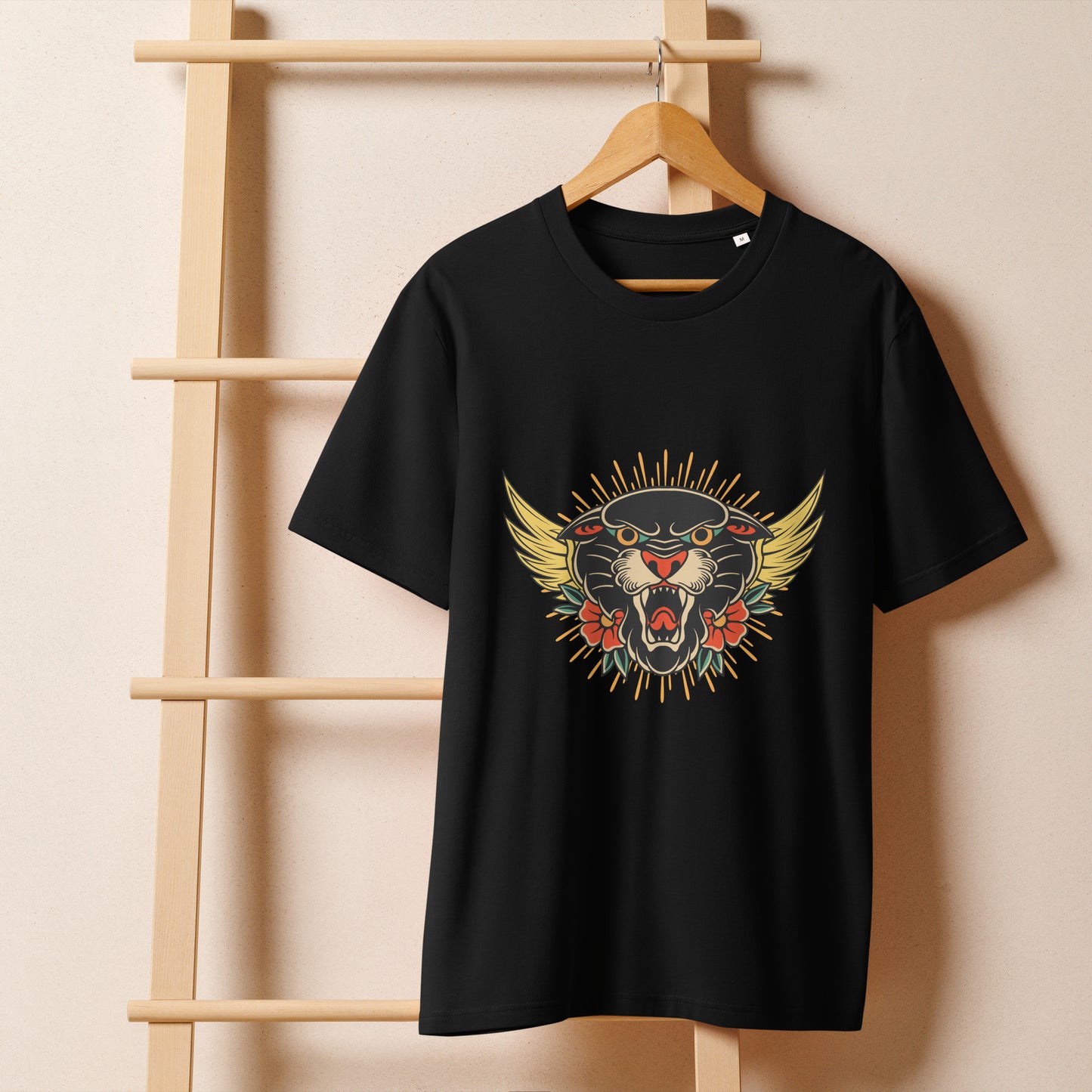 Pet Treasures Studio black tee with winged snarling panther tattoo style print on hanger wild cat organic cotton t-shirt