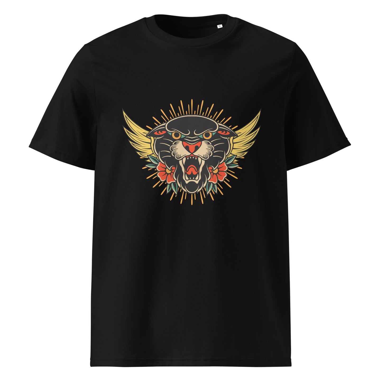 Pet Treasures Studio black T shirt with winged roaring panther and red flowers wild cat organic cotton t-shirt