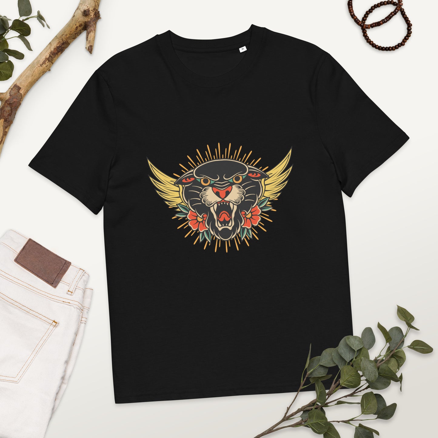 Pet Treasures Studio black tee with roaring panther wings and floral motif on chest wild cat organic cotton t-shirt
