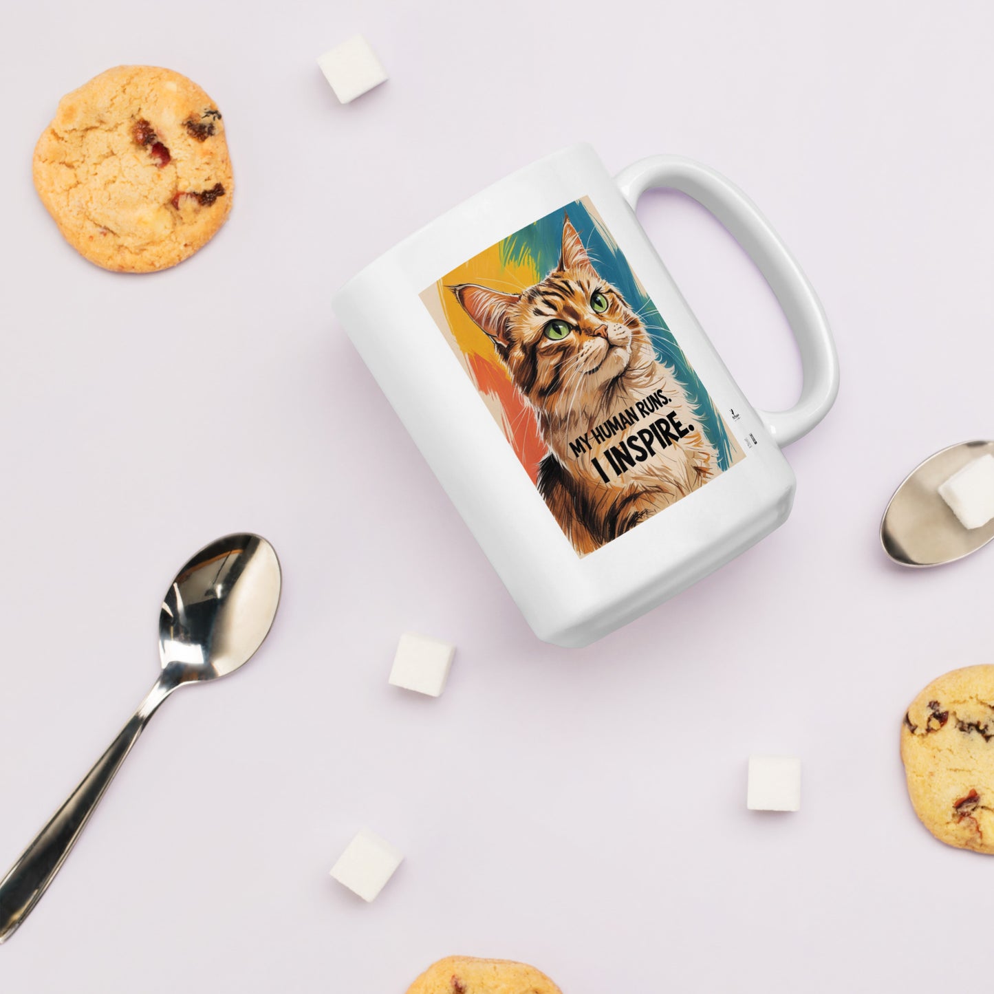 Funny cat coffee mug from Pet Treasures Studio featuring a colorful cat design with inspirational text