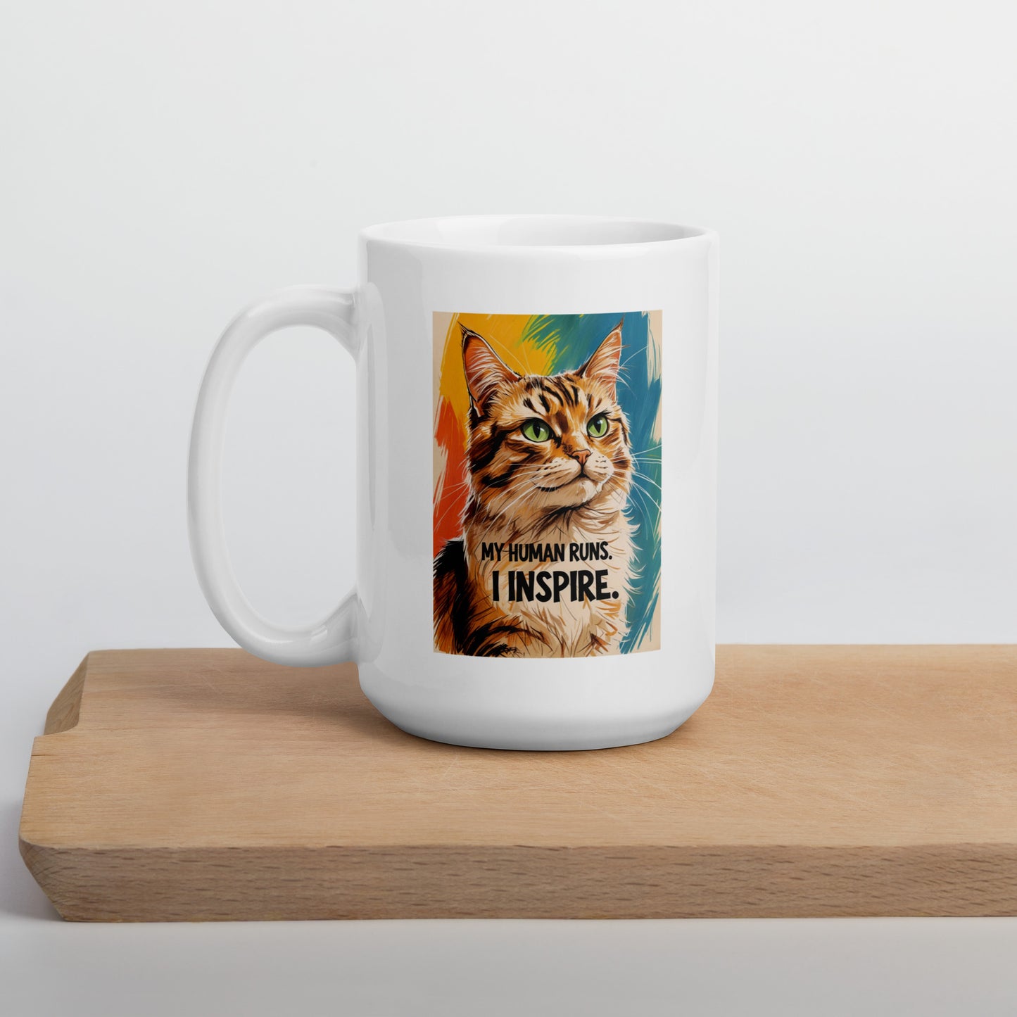 Funny cat coffee mug with colorful cat illustration and quote I inspire on white ceramic mug