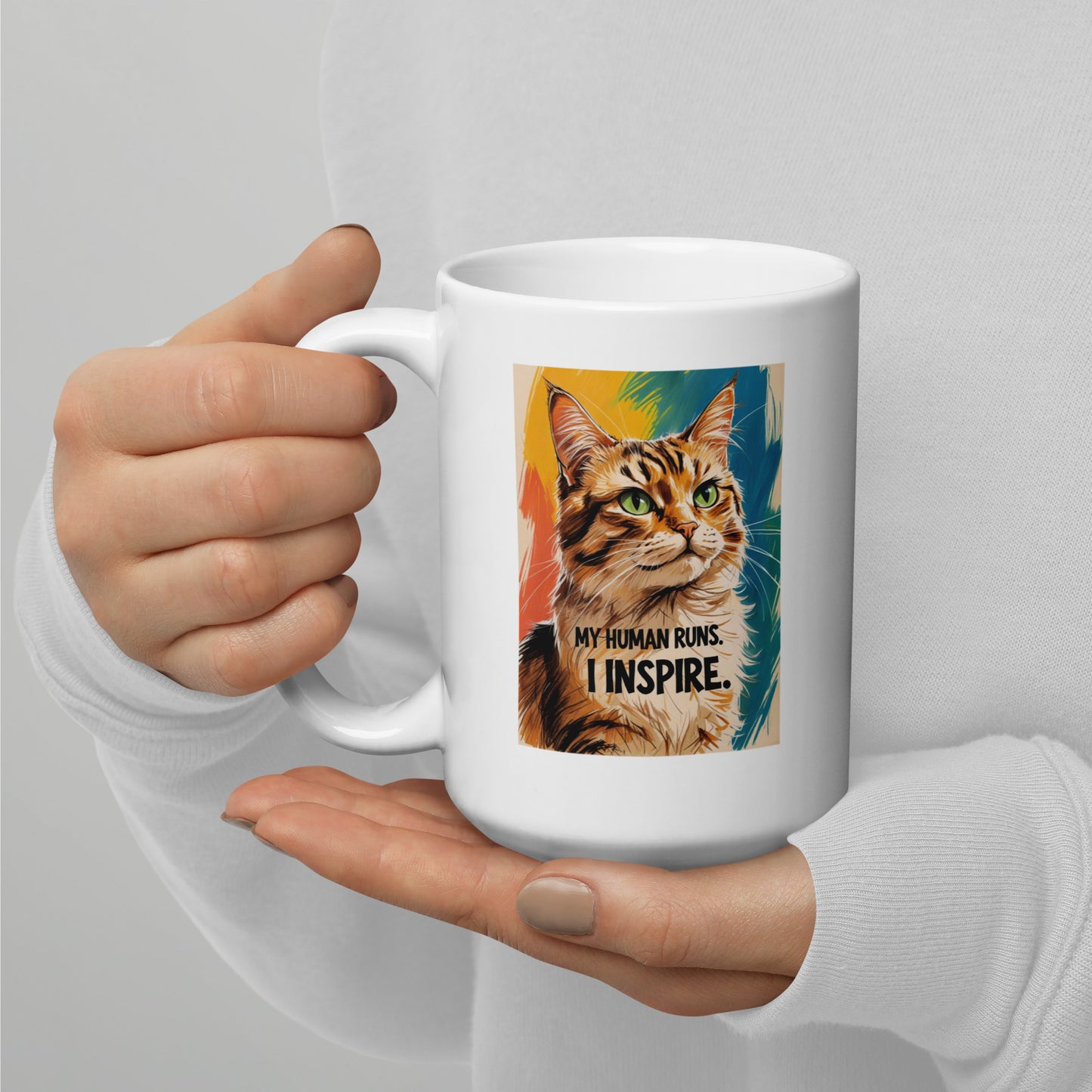 Funny cat coffee mug by Pet Treasures Studio with colorful cat design and inspiring quote