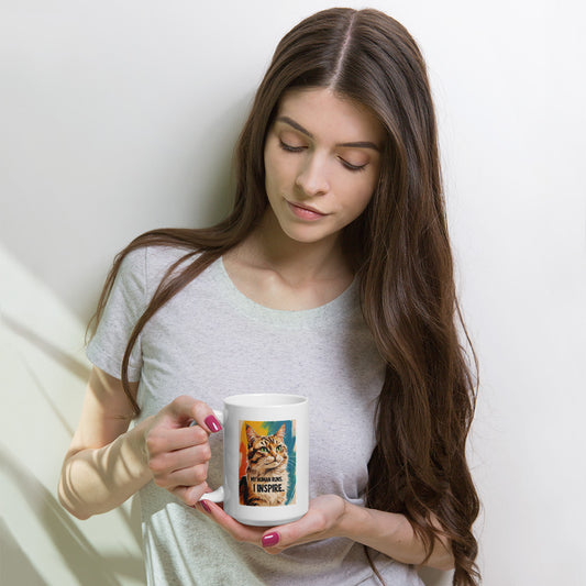 Woman holding a funny cat coffee mug with colorful cat design and inspirational text