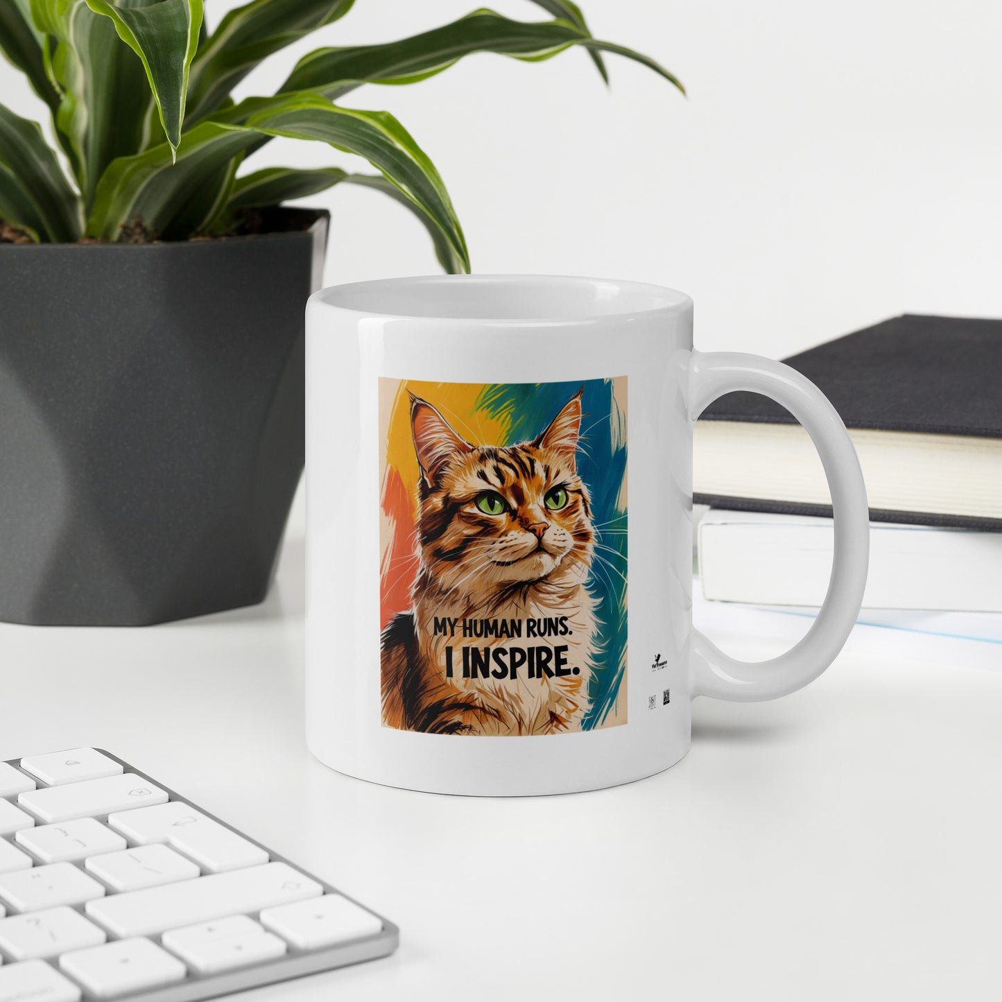 Funny cat coffee mug with colorful cat illustration and text My human runs I inspire