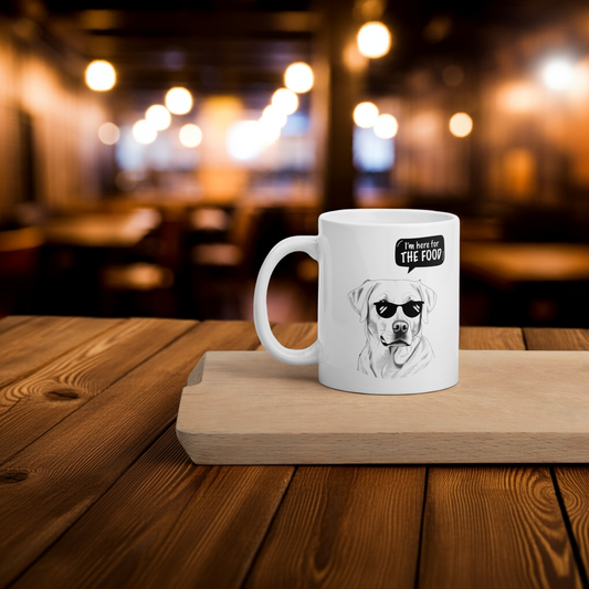 Pet Treasures Studio funny labrador mug with dog wearing sunglasses and food speech bubble on white ceramic