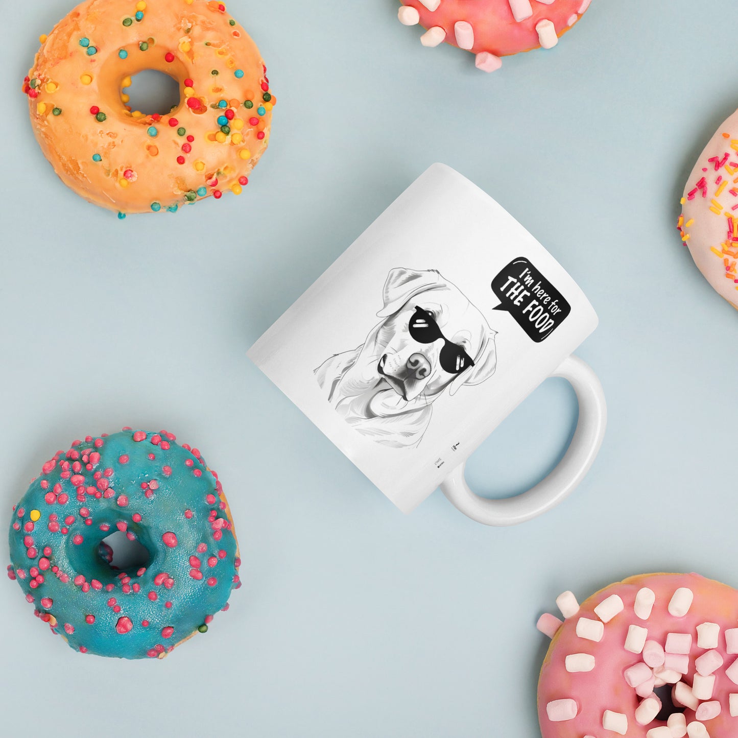 Funny labrador mug with sunglasses and food quote surrounded by colorful sprinkled donuts