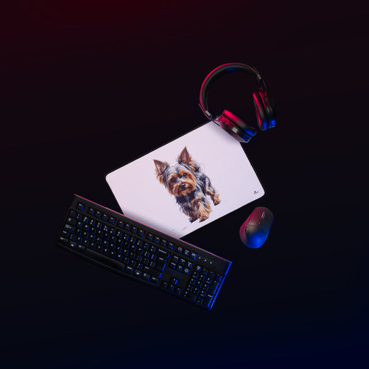 Yorkie desk pad by Pet Treasures Studio with a realistic Yorkie dog illustration alongside keyboard mouse and headphones