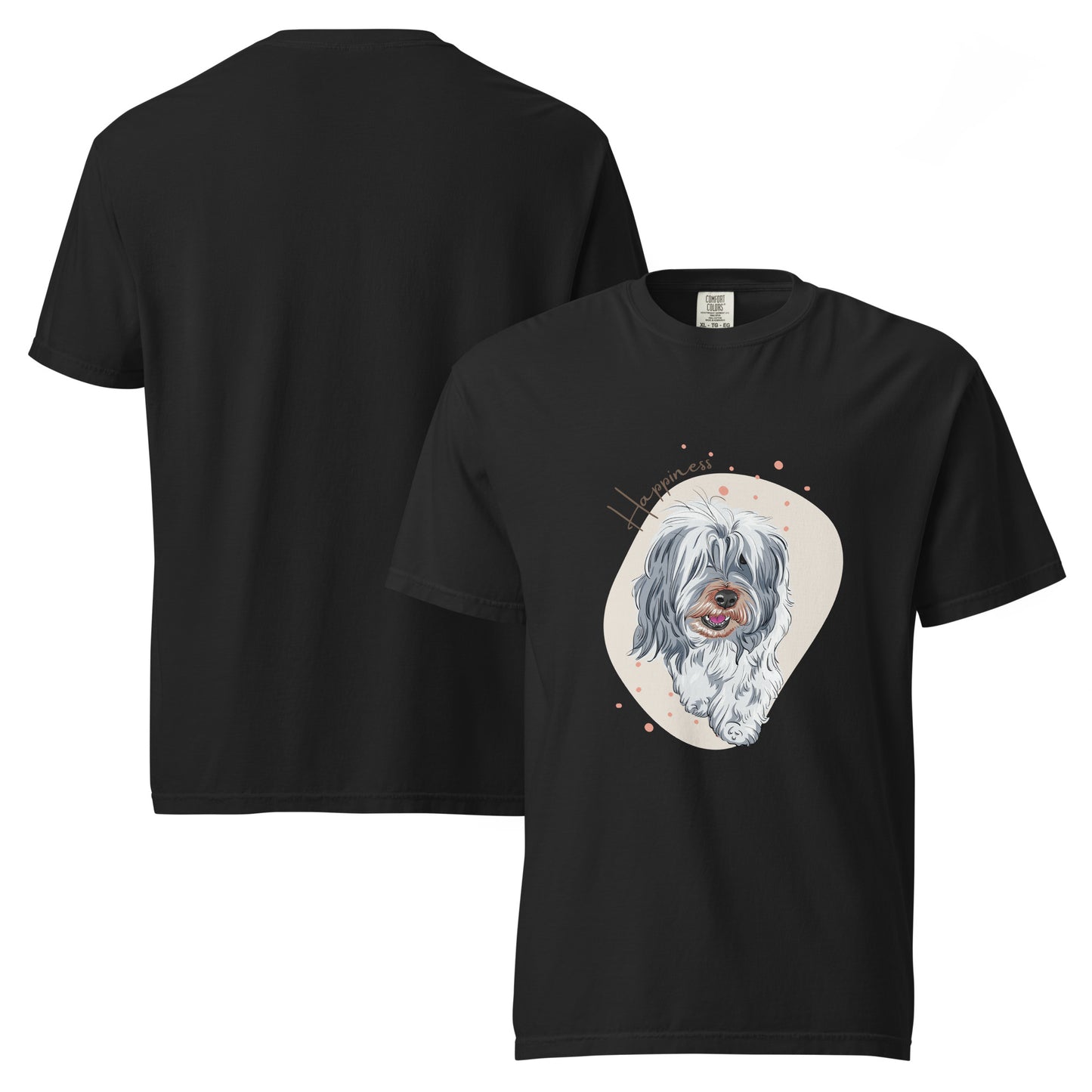 Black happiness dog shirt for women with a cute fluffy dog illustration on front