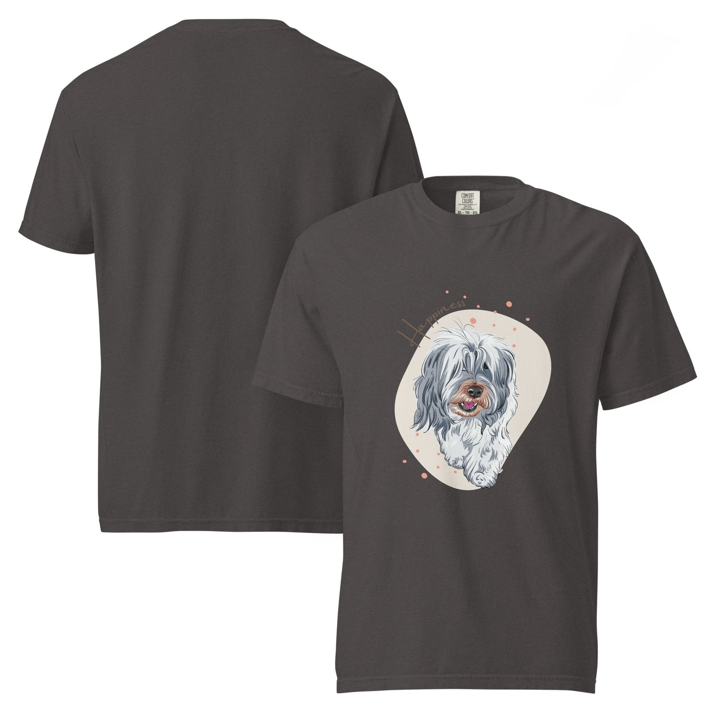 Pet Treasures Studio happiness dog shirt for women with gray dog graphic on dark gray T-shirt