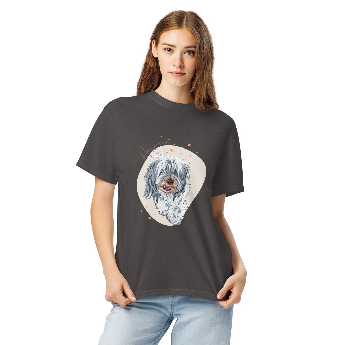 Happiness dog shirt for women featuring a smiling fluffy dog graphic on a dark gray T-shirt
