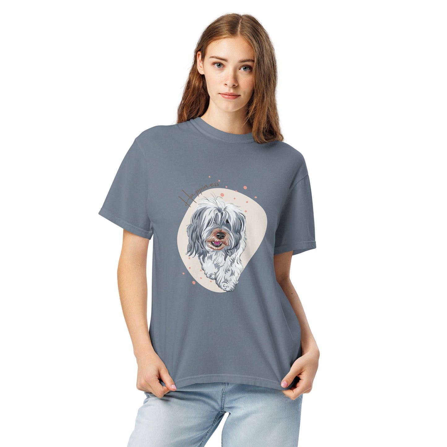 Happiness dog shirt for women by Pet Treasures Studio featuring a graphic of a happy dog on a blue t-shirt