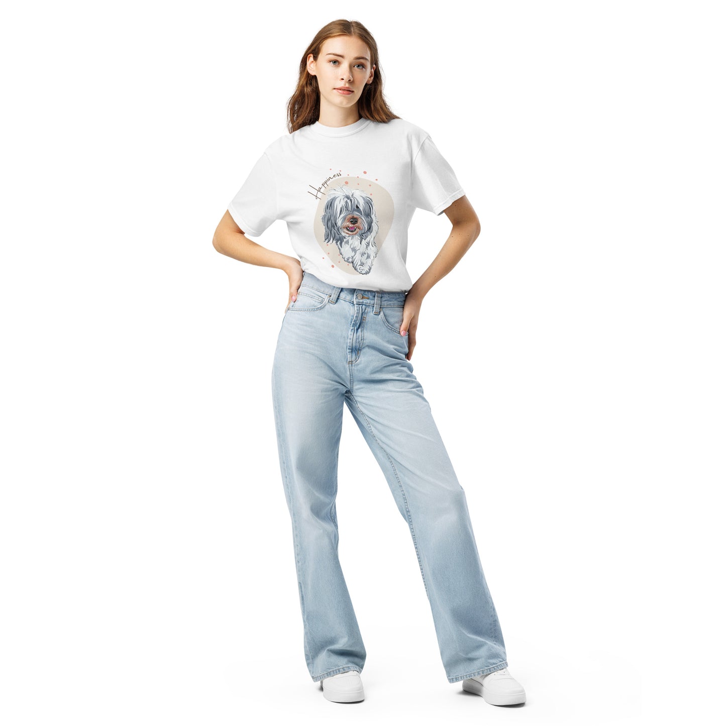 Woman wearing Pet Treasures Studio happiness dog shirt for women with dog graphic and light blue jeans