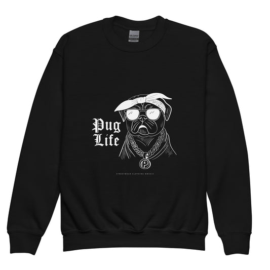 Black sweatshirt from Pet Treasures Studio featuring pug design and text Pug Life for kids pug themed clothing
