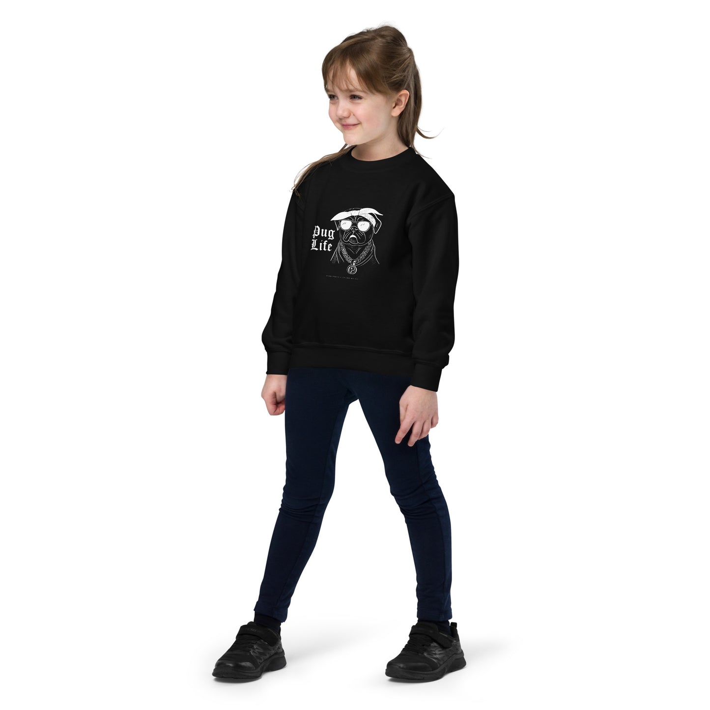 Girl wearing black kids pug themed clothing sweatshirt with pug graphic and text pug life