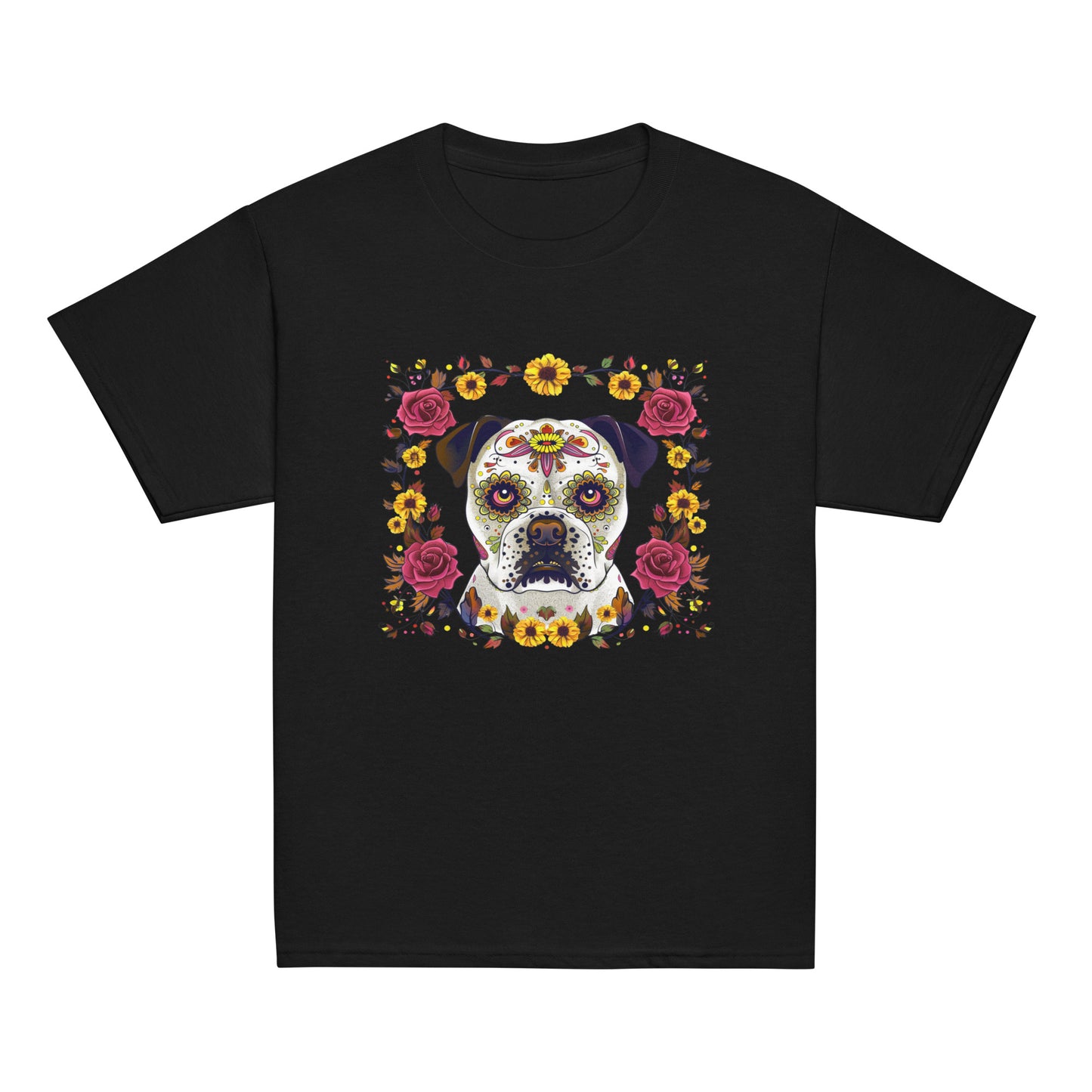 Kids skeleton dog Halloween shirt with vibrant floral design from Pet Treasures Studio