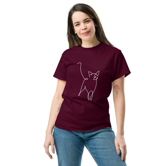 Pet Treasures Studio maroon T shirt with white minimalist cat line drawing cat silhouette t-shirt for casual wear