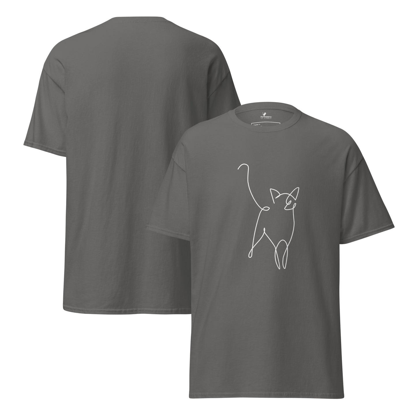 Pet Treasures Studio grey T shirt with white minimalist cat line design front and back view cat silhouette t-shirt
