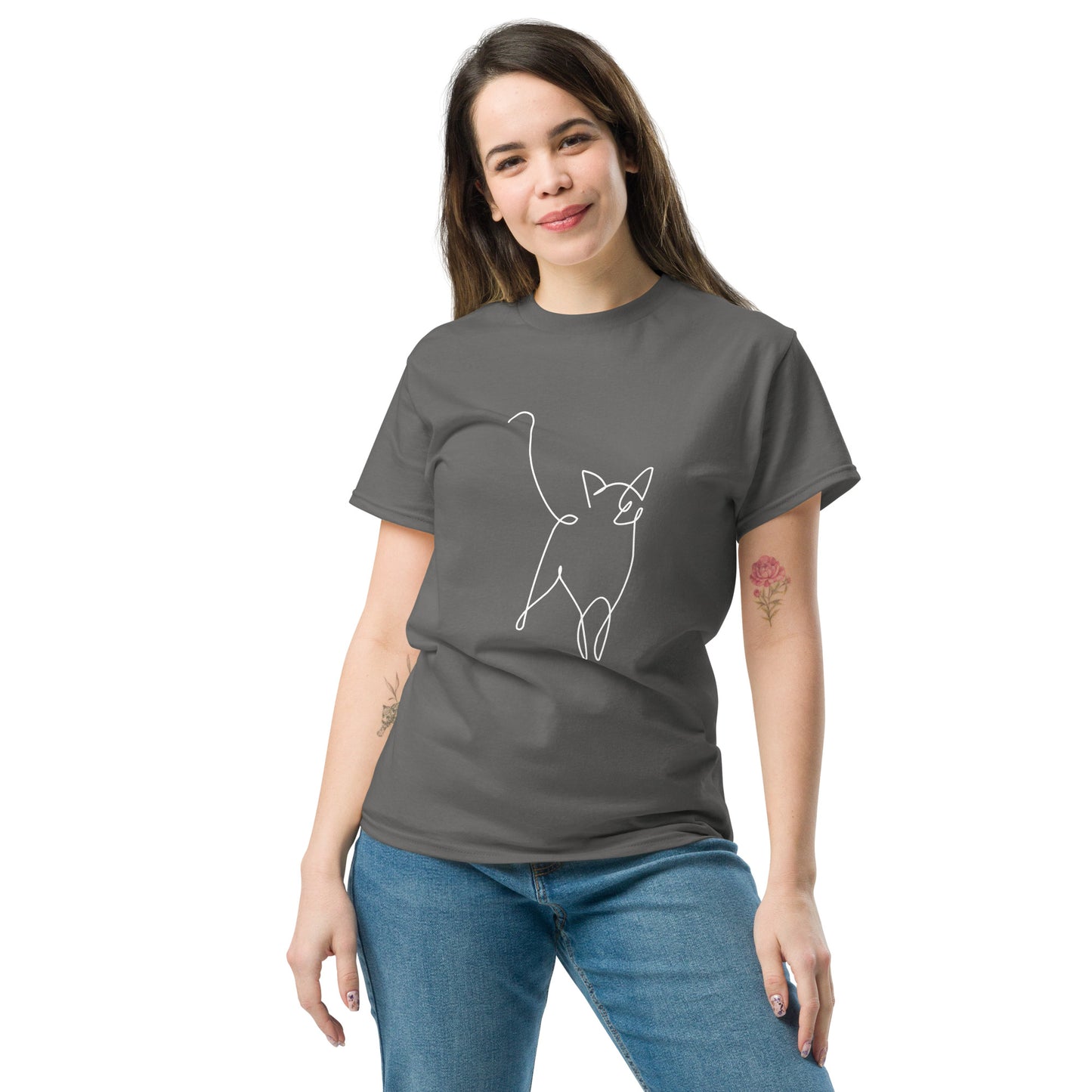 Pet Treasures Studio grey T shirt with white line cat illustration worn by smiling model cat silhouette t-shirt