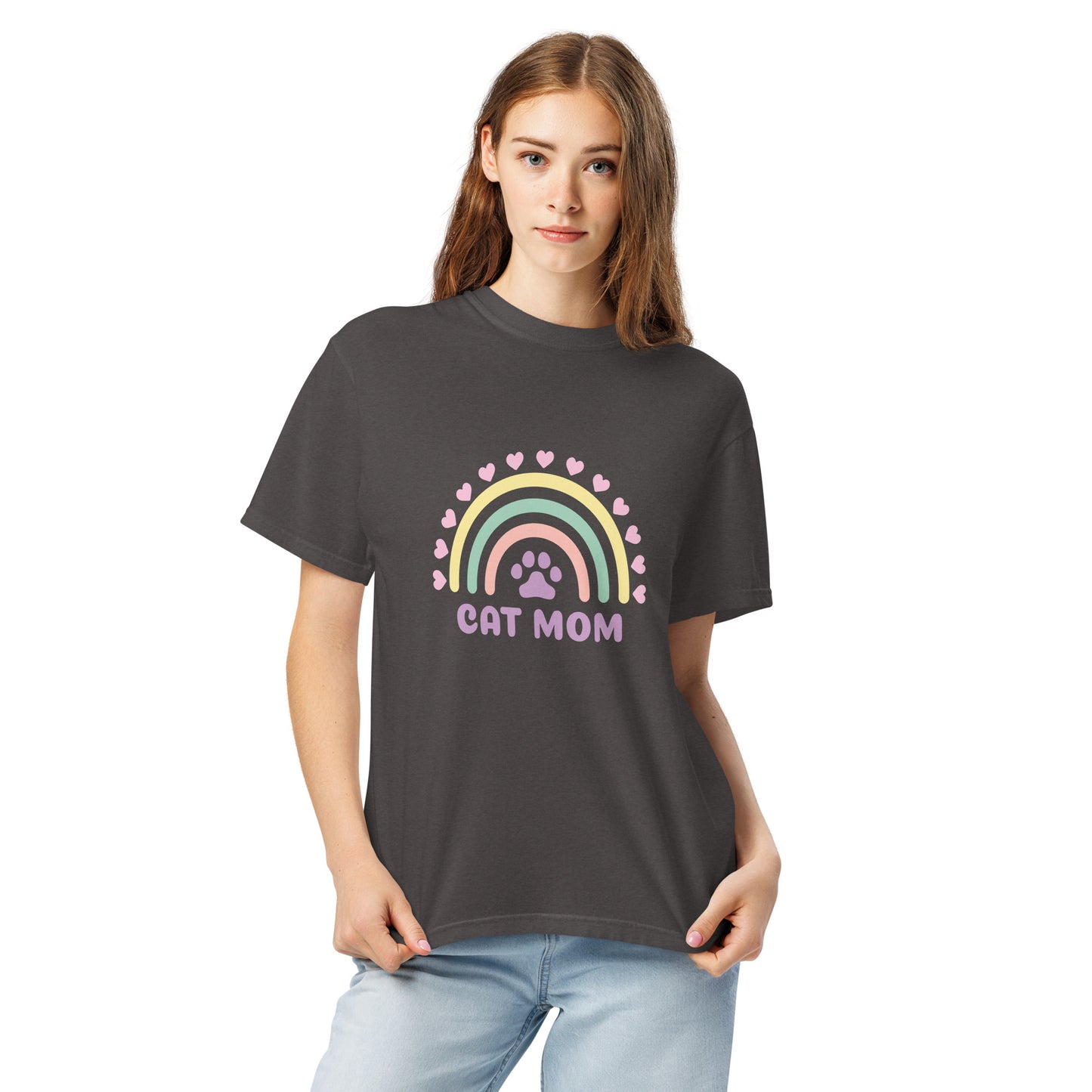 Pet Treasures Studio ladies charcoal T shirt with pastel rainbow paw print and CAT MOM text cute cat mom gift apparel