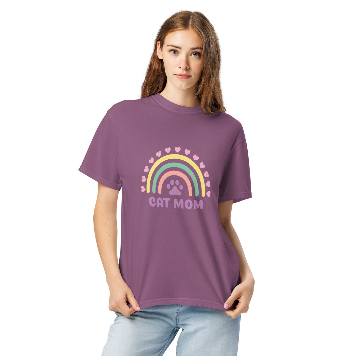 Pet Treasures Studio purple T shirt with rainbow paw and hearts and CAT MOM text worn by model cute cat mom gift apparel