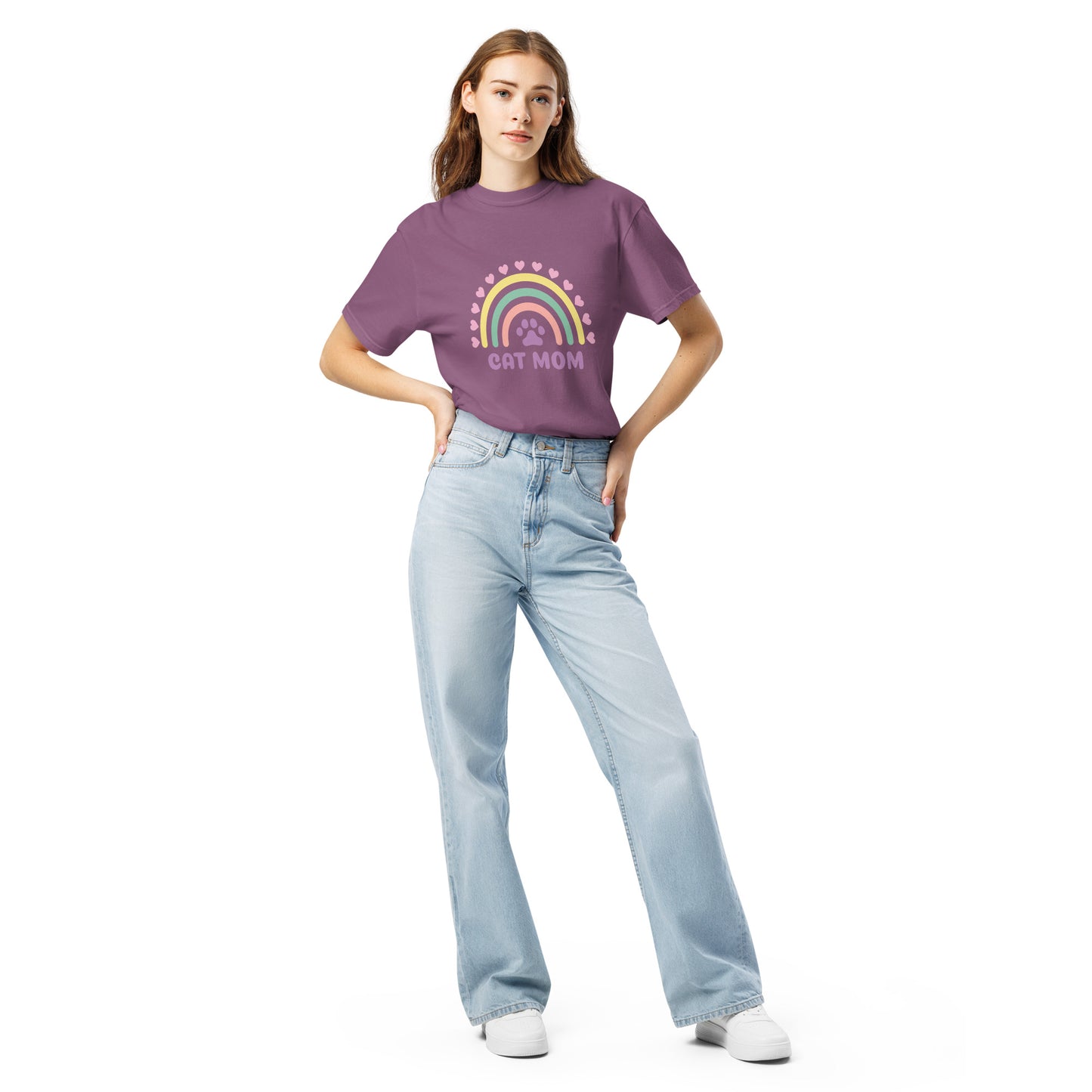 Pet Treasures Studio purple T shirt with rainbow Cat Mom print on model wearing jeans cute cat mom gift apparel