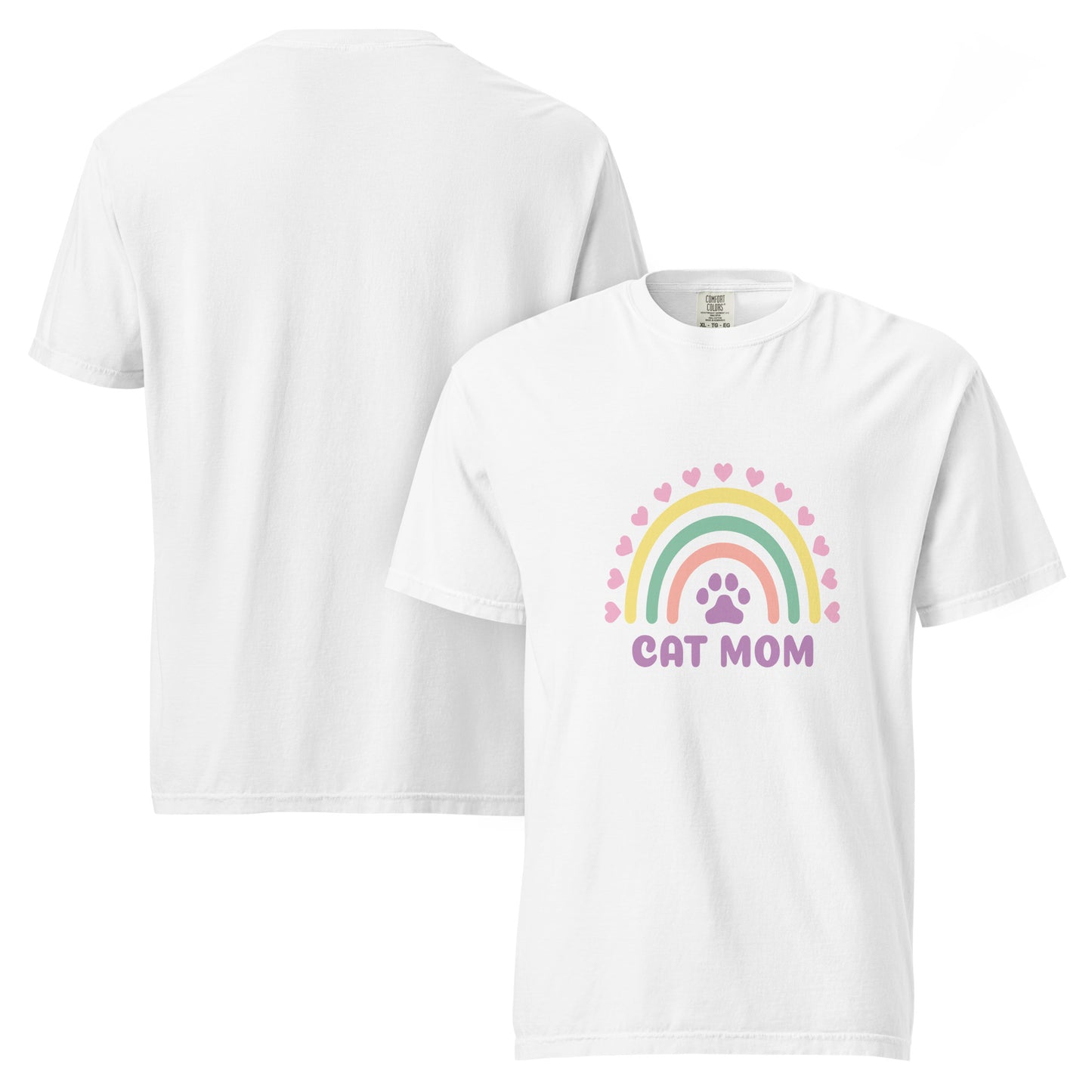 Pet Treasures Studio white T shirt with pastel rainbow paw print and CAT MOM text cute cat mom gift apparel