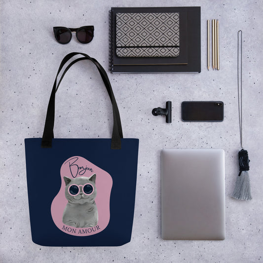 Pet Treasures Studio navy tote with sunglasses cat print and Bonjour Mon Amour unique cat stationery pack