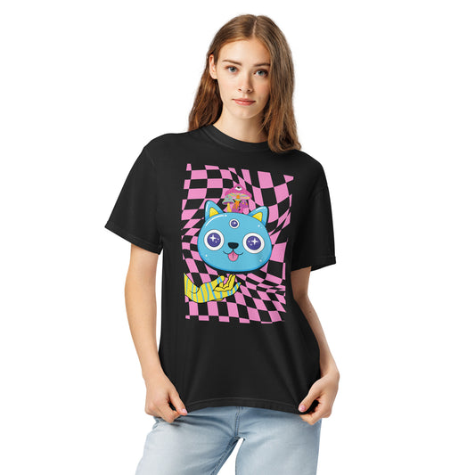 Pet Treasures Studio black psychedelic cat t-shirt worn by model featuring blue cartoon cat on pink warped checkerboard