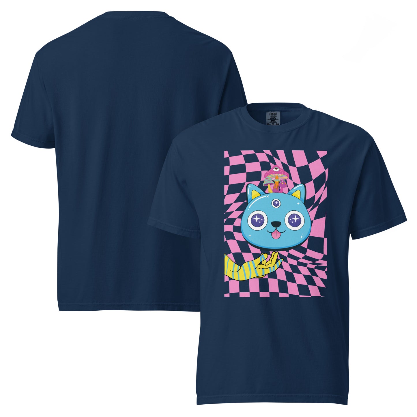 Pet Treasures Studio navy t shirt with bright turquoise cat face on pink checkerboard and yellow scarf psychedelic cat t-shirt