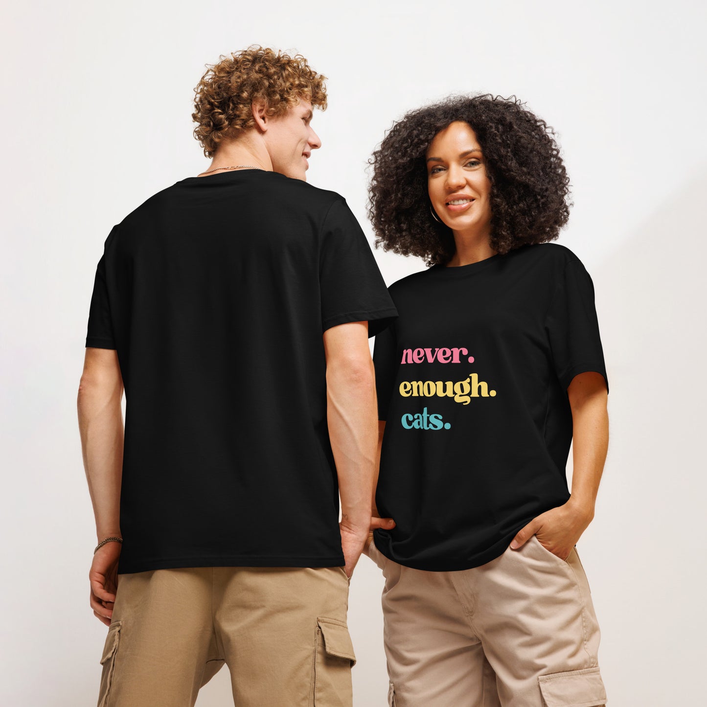 Unisex never enough cats tee in black, featuring colourful text design for cat lovers