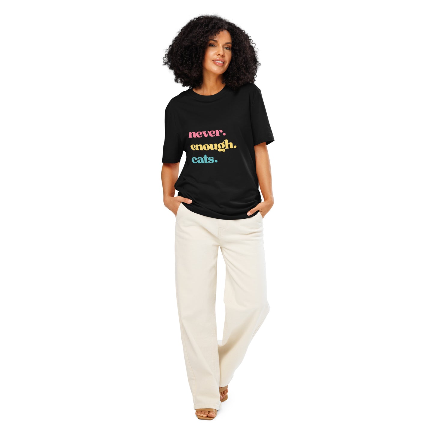 Woman wearing a black never enough cats tee with colourful text, perfect for cat lovers