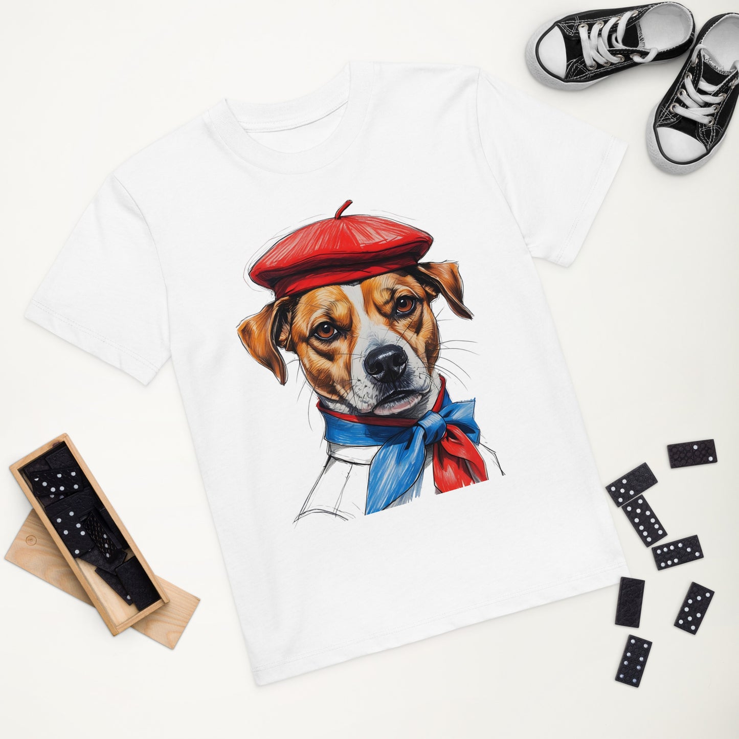 Jack Russell Kids Shirt white tee featuring Jack Russell dog wearing red beret and blue scarf flat lay