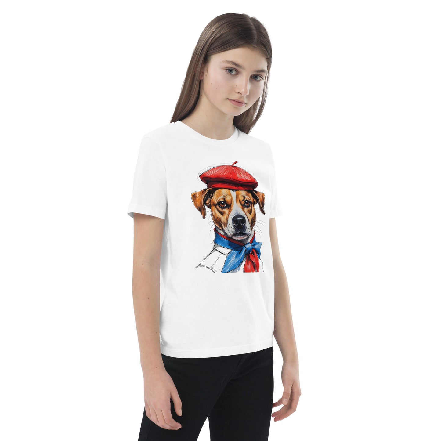Pet Treasures Studio Jack Russell Kids Shirt white tee with illustrated Jack Russell in red beret and blue scarf