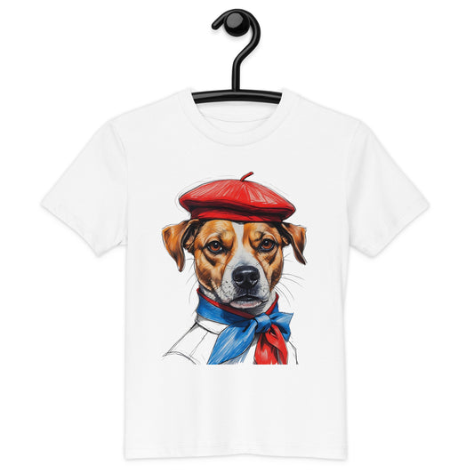 Pet Treasures Studio white kids T shirt featuring Jack Russell in red beret and blue scarf Jack Russell Kids Shirt