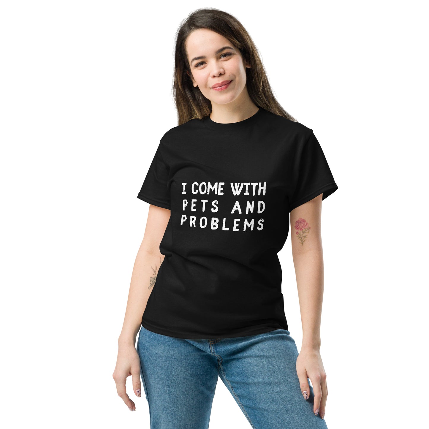 Pet Treasures Studio black T shirt with white text I come with pets and problems shirt model wearing casual jeans