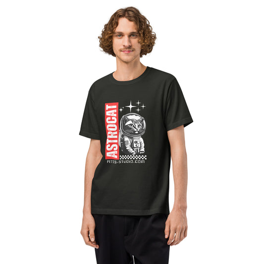 Space Cat Oversized T-Shirt by Pet Treasures Studio black tee with astronaut cat graphic and red ASTROCAT print