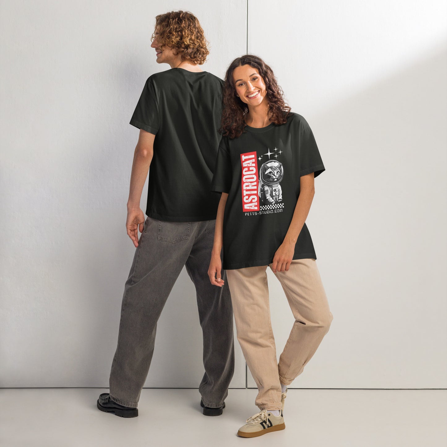 Pet Treasures Studio Space Cat Oversized T-Shirt in black showing front astronaut cat graphic worn by two models