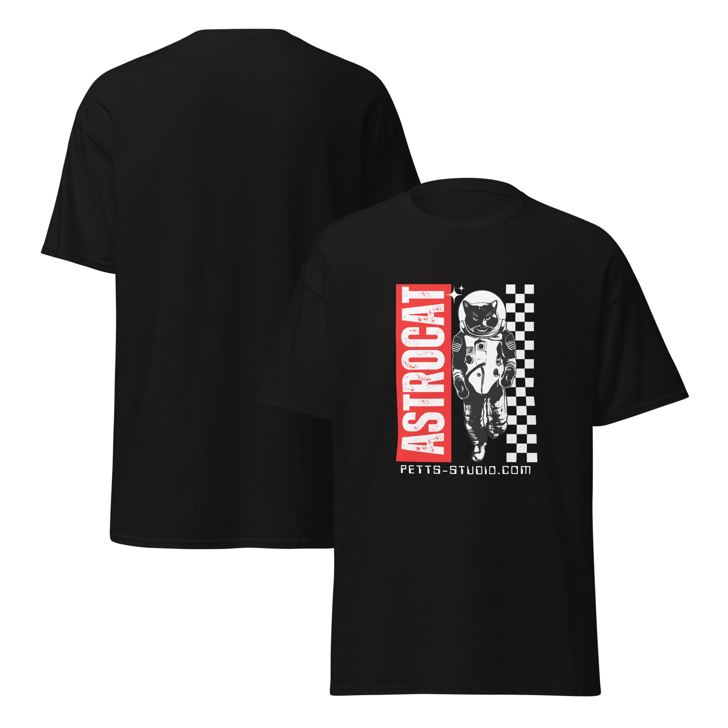 Pet Treasures Studio black cat astronaut graphic tee with red ASTROCAT print and checkerboard panel