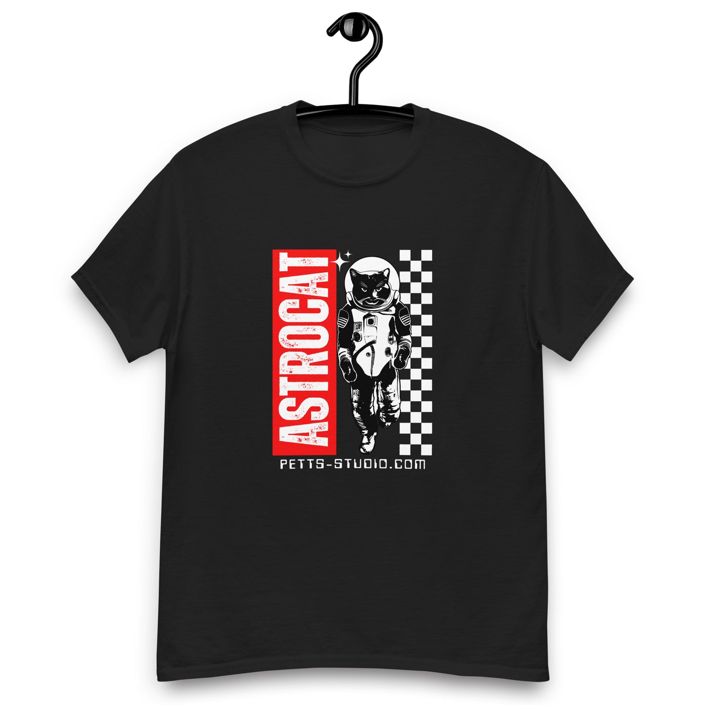 Pet Treasures Studio black t shirt with red ASTROCAT panel and astronaut cat illustration cat astronaut graphic tee