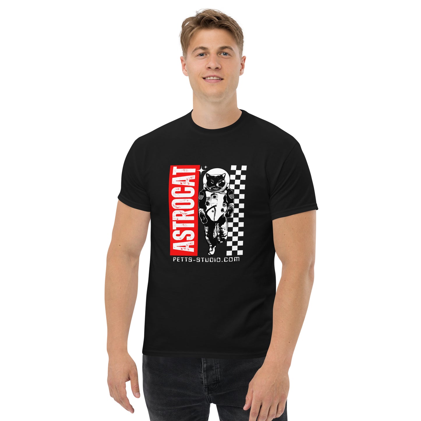 Pet Treasures Studio black t shirt worn by male model featuring cat astronaut graphic tee with red ASTROCAT and checkerboard print