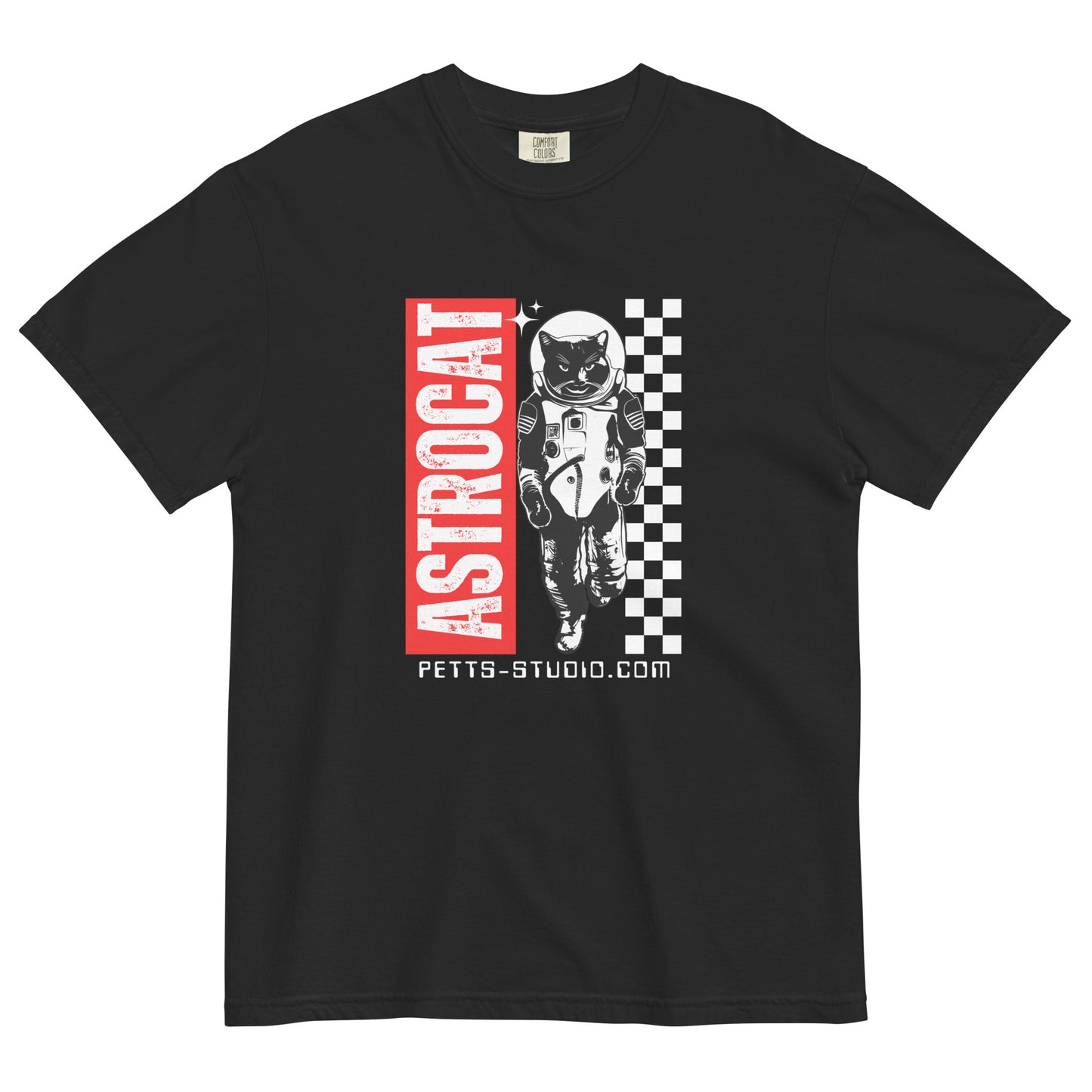 Pet Treasures Studio black unisex premium feline astronaut t-shirt with ASTROCAT spacesuit cat print and checkerboard stripe