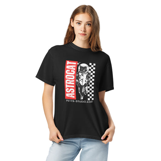 Woman wearing Pet Treasures Studio black premium feline astronaut t-shirt with red ASTROCAT graphic