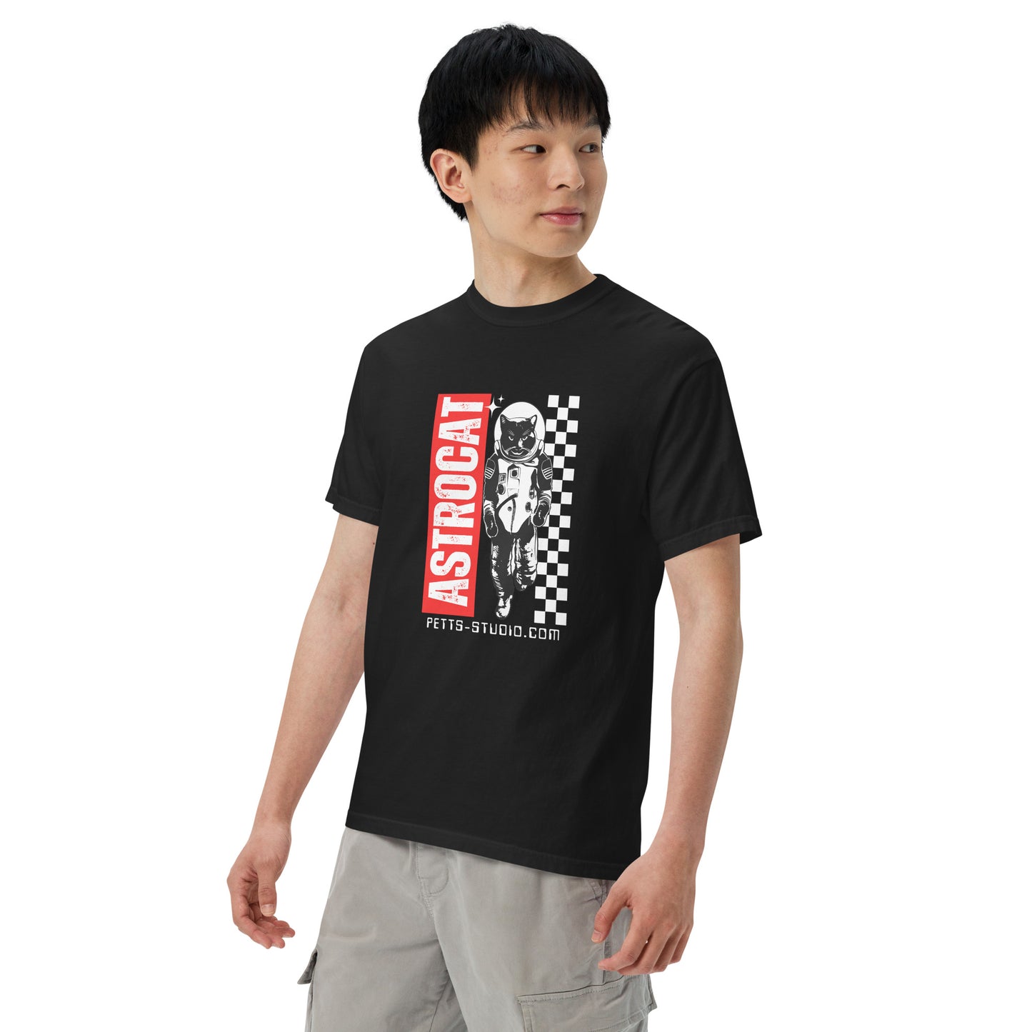 Pet Treasures Studio black tee on model featuring astronaut cat graphic and ASTROCAT text premium feline astronaut t-shirt