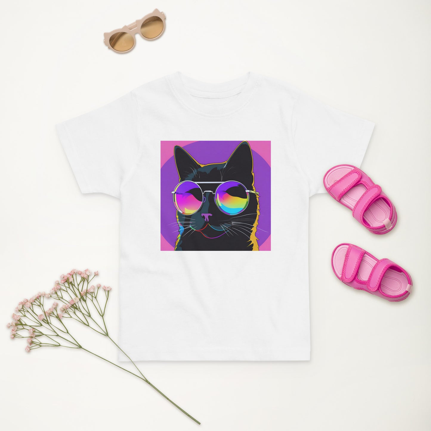 Pet Treasures Studio kids cat t-shirt white tee featuring pop art black cat with rainbow sunglasses on purple square background