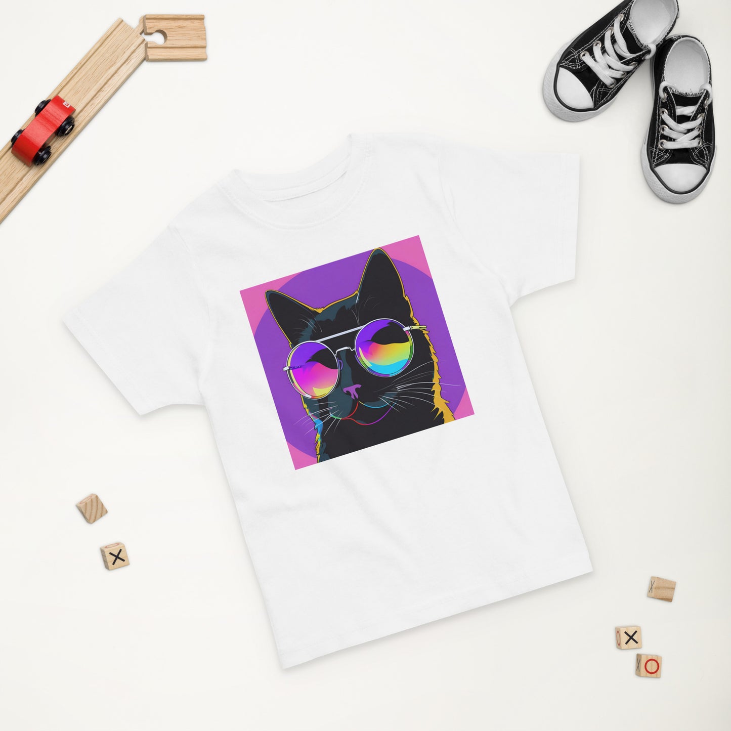 Pet Treasures Studio white kids cat t-shirt with pop art black cat wearing rainbow sunglasses flatlay