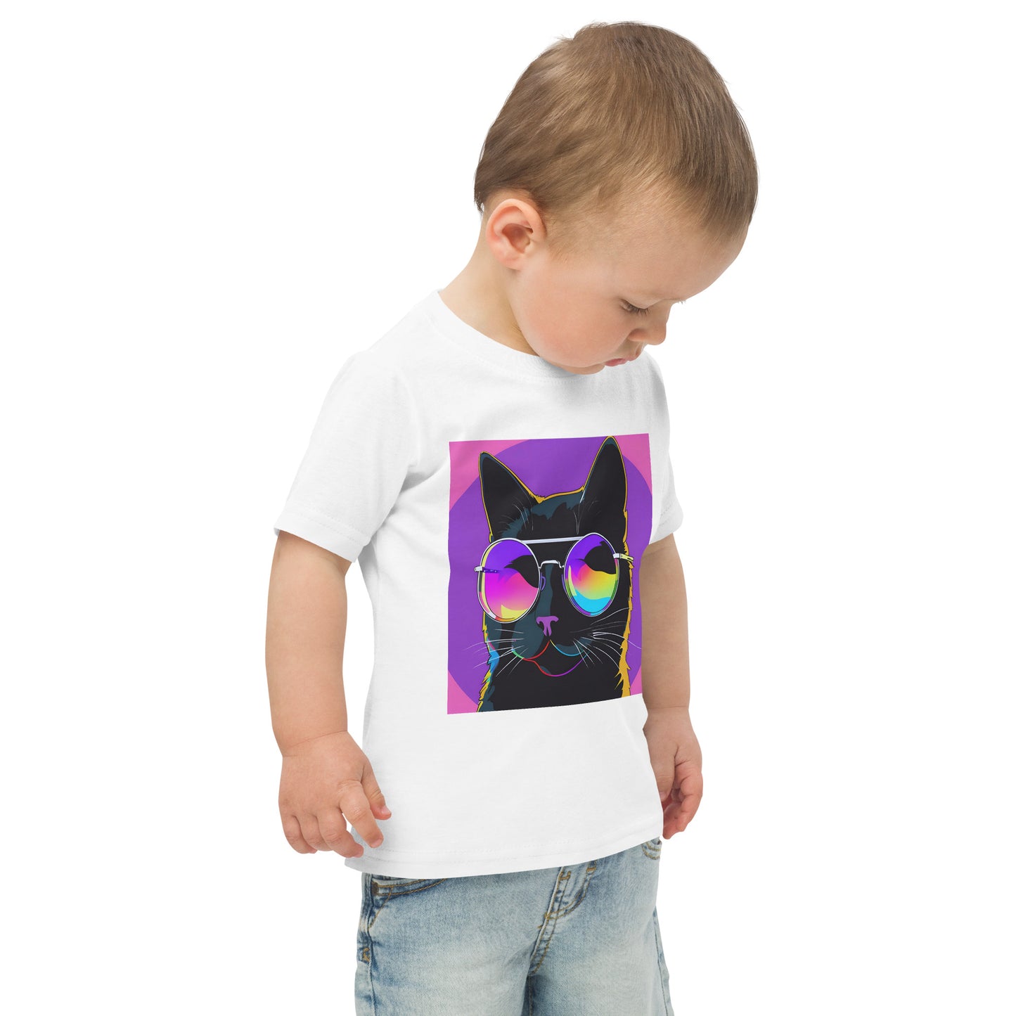 Pet Treasures Studio kids cat t-shirt white toddler tee with colourful pop art black cat wearing rainbow sunglasses