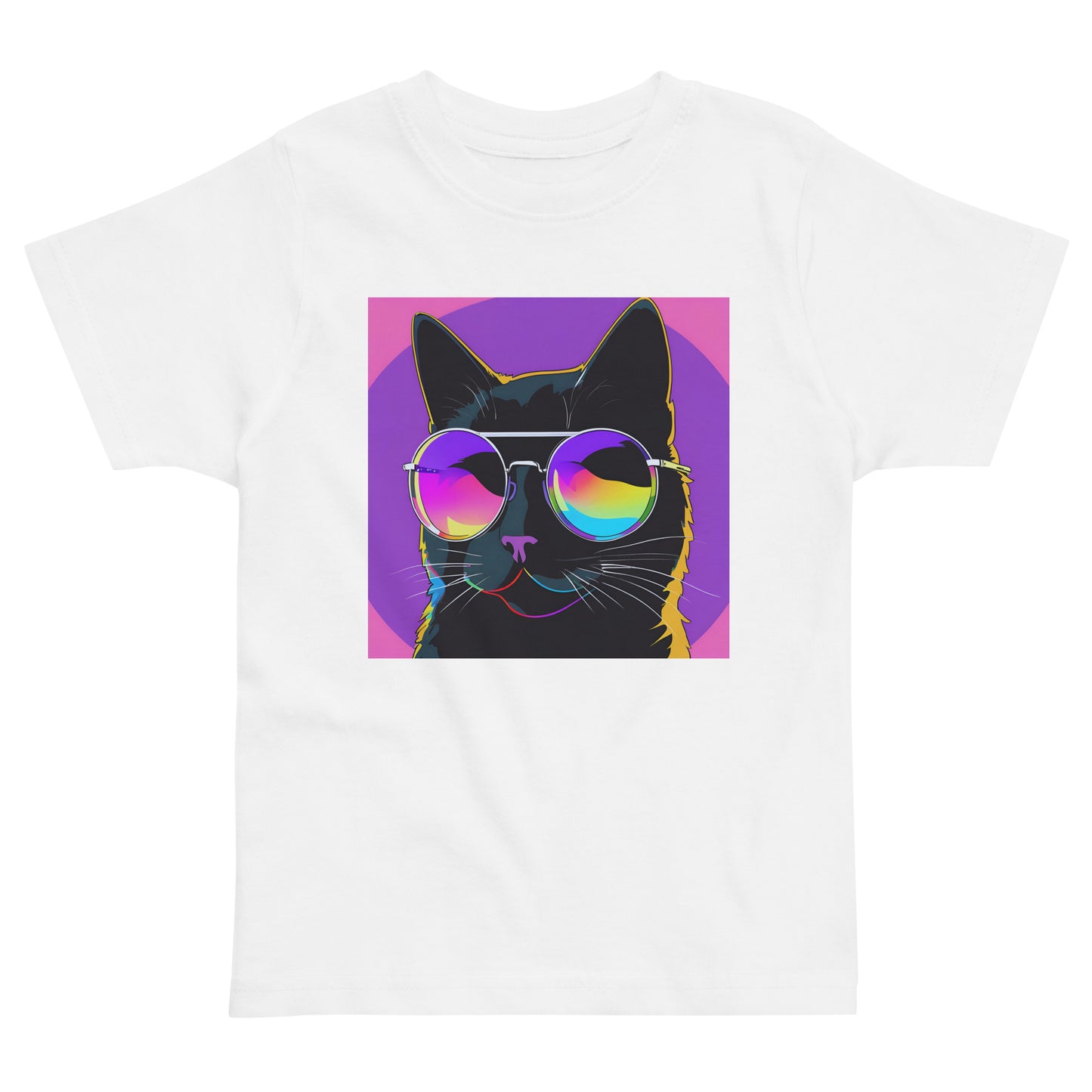 Pet Treasures Studio white kids cat t-shirt featuring black cat with rainbow aviator sunglasses on pink purple background