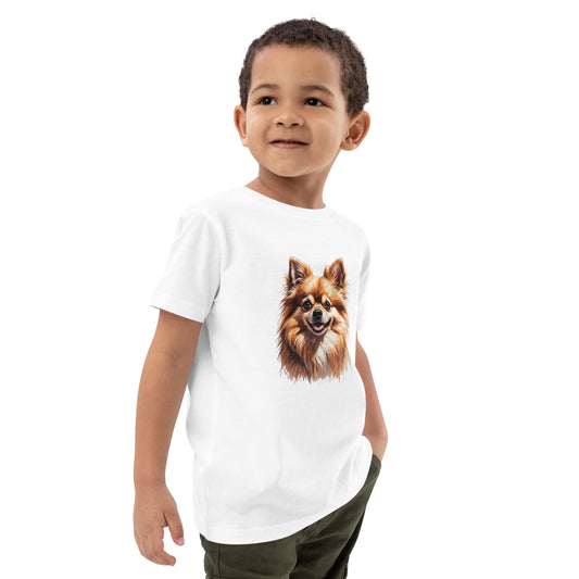 Boy wearing white Pomeranian puppy kids shirt with a cute dog print by Pet Treasures Studio